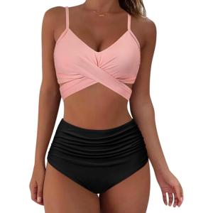 imageSUUKSESS Women Wrap Bikini Set Push Up High Waisted 2 Piece Swimsuits87 Pink Black