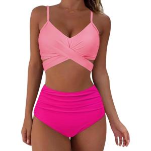 imageSUUKSESS Women Wrap Bikini Set Push Up High Waisted 2 Piece Swimsuits87 Pink Color Block