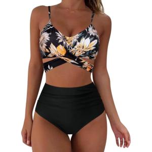 imageSUUKSESS Women Wrap Bikini Set Push Up High Waisted 2 Piece Swimsuits87 Retro Floral Black