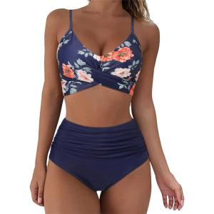 imageSUUKSESS Women Wrap Bikini Set Push Up High Waisted 2 Piece Swimsuits87 Vintage Blue Floral