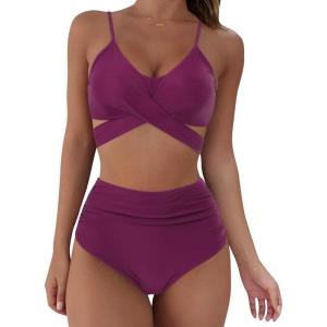 imageSUUKSESS Women Wrap Bikini Set Push Up High Waisted 2 Piece Swimsuits87 Wine Red