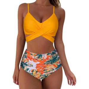 imageSUUKSESS Women Wrap Bikini Set Push Up High Waisted 2 Piece Swimsuits87 Yellow Leaves