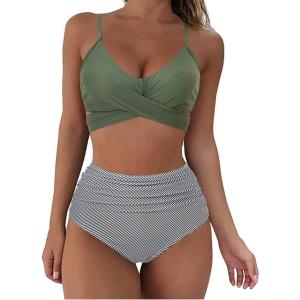 imageSUUKSESS Women Wrap Bikini Set Push Up High Waisted 2 Piece Swimsuits872 Striped Army Green