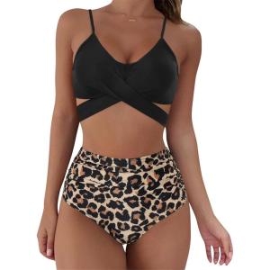 imageSUUKSESS Women Wrap Bikini Set Push Up High Waisted 2 Piece SwimsuitsBlackLeopard