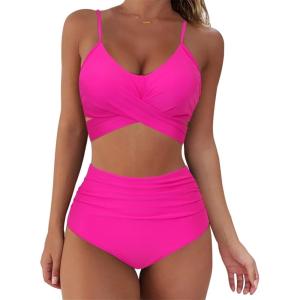 imageSUUKSESS Women Wrap Bikini Set Push Up High Waisted 2 Piece SwimsuitsHot Pink