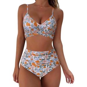 imageSUUKSESS Women Wrap Bikini Set Push Up High Waisted 2 Piece SwimsuitsYellow Floral1