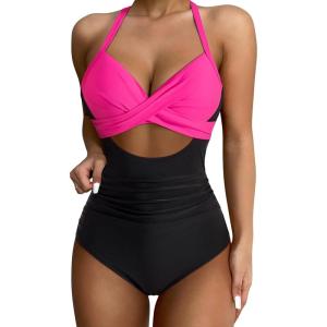 imageSUUKSESS Women Wrap Cut Out One Piece Swimsuit High Waisted Monokini Bathing Suit02 Black Pink