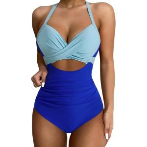 imageSUUKSESS Women Wrap Cut Out One Piece Swimsuit High Waisted Monokini Bathing Suit02 Blue Block