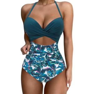 imageSUUKSESS Women Wrap Cut Out One Piece Swimsuit High Waisted Monokini Bathing Suit02 Blue Floral