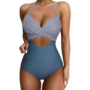 imageSUUKSESS Women Wrap Cut Out One Piece Swimsuit High Waisted Monokini Bathing Suit02 Blue Striped