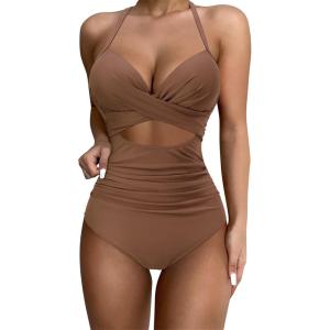 imageSUUKSESS Women Wrap Cut Out One Piece Swimsuit High Waisted Monokini Bathing Suit02 Brown