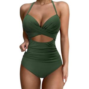 imageSUUKSESS Women Wrap Cut Out One Piece Swimsuit High Waisted Monokini Bathing Suit02 Deep Green