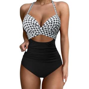 imageSUUKSESS Women Wrap Cut Out One Piece Swimsuit High Waisted Monokini Bathing Suit02 Gingham Black