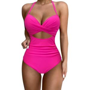 imageSUUKSESS Women Wrap Cut Out One Piece Swimsuit High Waisted Monokini Bathing Suit02 Hot Pink