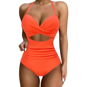 imageSUUKSESS Women Wrap Cut Out One Piece Swimsuit High Waisted Monokini Bathing Suit02 Orange