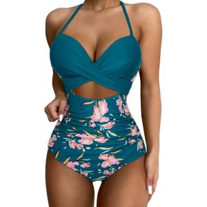 imageSUUKSESS Women Wrap Cut Out One Piece Swimsuit High Waisted Monokini Bathing Suit02 Peacock Blue Floral