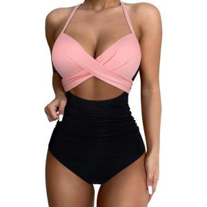 imageSUUKSESS Women Wrap Cut Out One Piece Swimsuit High Waisted Monokini Bathing Suit02 Pink Black