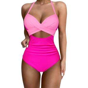 imageSUUKSESS Women Wrap Cut Out One Piece Swimsuit High Waisted Monokini Bathing Suit02 Pink Color Block