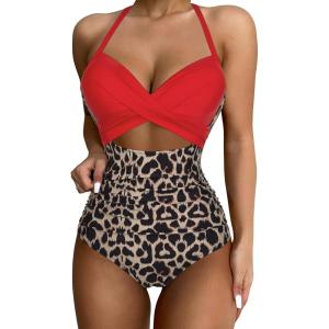 imageSUUKSESS Women Wrap Cut Out One Piece Swimsuit High Waisted Monokini Bathing Suit02 Red Leopard