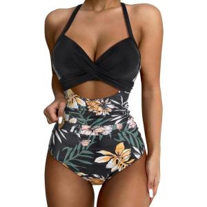 imageSUUKSESS Women Wrap Cut Out One Piece Swimsuit High Waisted Monokini Bathing Suit02 Retro Floral Black