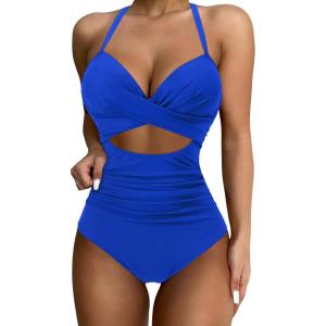 imageSUUKSESS Women Wrap Cut Out One Piece Swimsuit High Waisted Monokini Bathing Suit02 Royal Blue
