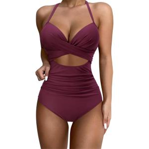 imageSUUKSESS Women Wrap Cut Out One Piece Swimsuit High Waisted Monokini Bathing Suit02 Wine Red