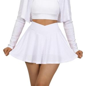 imageSUUKSESS Womens Pleated Tennis Skirt Crossover High Waisted Mesh Golf Skorts1 White