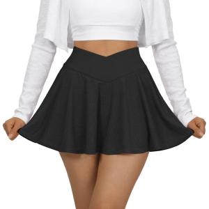 imageSUUKSESS Womens Pleated Tennis Skirt Crossover High Waisted Mesh Golf Skorts3 Black