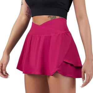 imageSUUKSESS Womens Pleated Tennis Skirt Crossover High Waisted Mesh Golf Skorts4 Layered Hot Pink