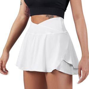 imageSUUKSESS Womens Pleated Tennis Skirt Crossover High Waisted Mesh Golf Skorts4 Layered White
