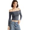 imageSUUKSESS Women Off Shoulder Double Lined Long Sleeve Shirts Basic Going Out TopsAsh