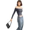 imageSUUKSESS Women Off Shoulder Double Lined Long Sleeve Shirts Basic Going Out TopsAsh