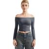 imageSUUKSESS Women Off Shoulder Double Lined Long Sleeve Shirts Basic Going Out TopsAsh