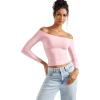 imageSUUKSESS Women Off Shoulder Double Lined Long Sleeve Shirts Basic Going Out TopsBlush