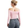 imageSUUKSESS Women Off Shoulder Double Lined Long Sleeve Shirts Basic Going Out TopsBlush