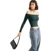 imageSUUKSESS Women Off Shoulder Double Lined Long Sleeve Shirts Basic Going Out TopsEmerald