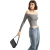 imageSUUKSESS Women Off Shoulder Double Lined Long Sleeve Shirts Basic Going Out TopsGray
