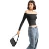 imageSUUKSESS Women Off Shoulder Double Lined Long Sleeve Shirts Basic Going Out TopsJet Black