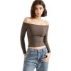 imageSUUKSESS Women Off Shoulder Double Lined Long Sleeve Shirts Basic Going Out TopsMocha