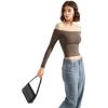 imageSUUKSESS Women Off Shoulder Double Lined Long Sleeve Shirts Basic Going Out TopsMocha