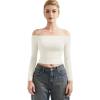 imageSUUKSESS Women Off Shoulder Double Lined Long Sleeve Shirts Basic Going Out TopsPearl