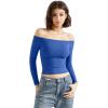imageSUUKSESS Women Off Shoulder Double Lined Long Sleeve Shirts Basic Going Out TopsSapphire