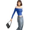 imageSUUKSESS Women Off Shoulder Double Lined Long Sleeve Shirts Basic Going Out TopsSapphire