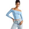 imageSUUKSESS Women Off Shoulder Double Lined Long Sleeve Shirts Basic Going Out TopsSky Blue