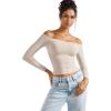 imageSUUKSESS Women Off Shoulder Double Lined Long Sleeve Shirts Basic Going Out TopsSoft Sand