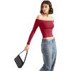 imageSUUKSESS Women Off Shoulder Double Lined Long Sleeve Shirts Basic Going Out TopsWine Red