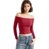 imageSUUKSESS Women Off Shoulder Double Lined Long Sleeve Shirts Basic Going Out TopsWine Red