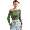 imageSUUKSESS Women Off Shoulder Long Sleeve Shirts Double Lined Fitted Crop TopsArmy Green
