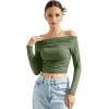 imageSUUKSESS Women Off Shoulder Long Sleeve Shirts Double Lined Fitted Crop TopsArmy Green