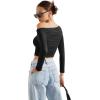 imageSUUKSESS Women Off Shoulder Long Sleeve Shirts Double Lined Fitted Crop TopsBlack